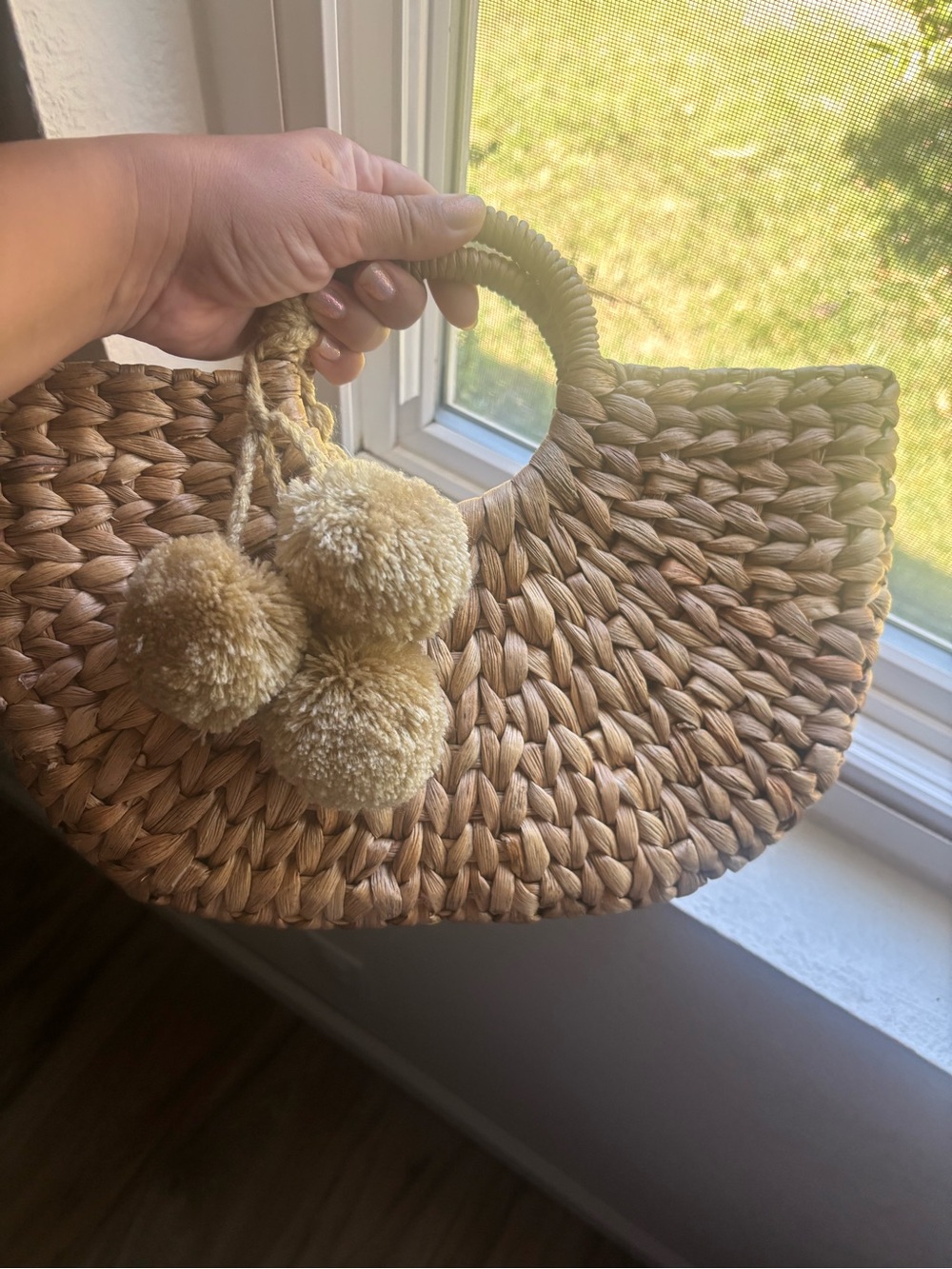 Woven Straw Mini Handbag with Pom Pom Accent - Natural